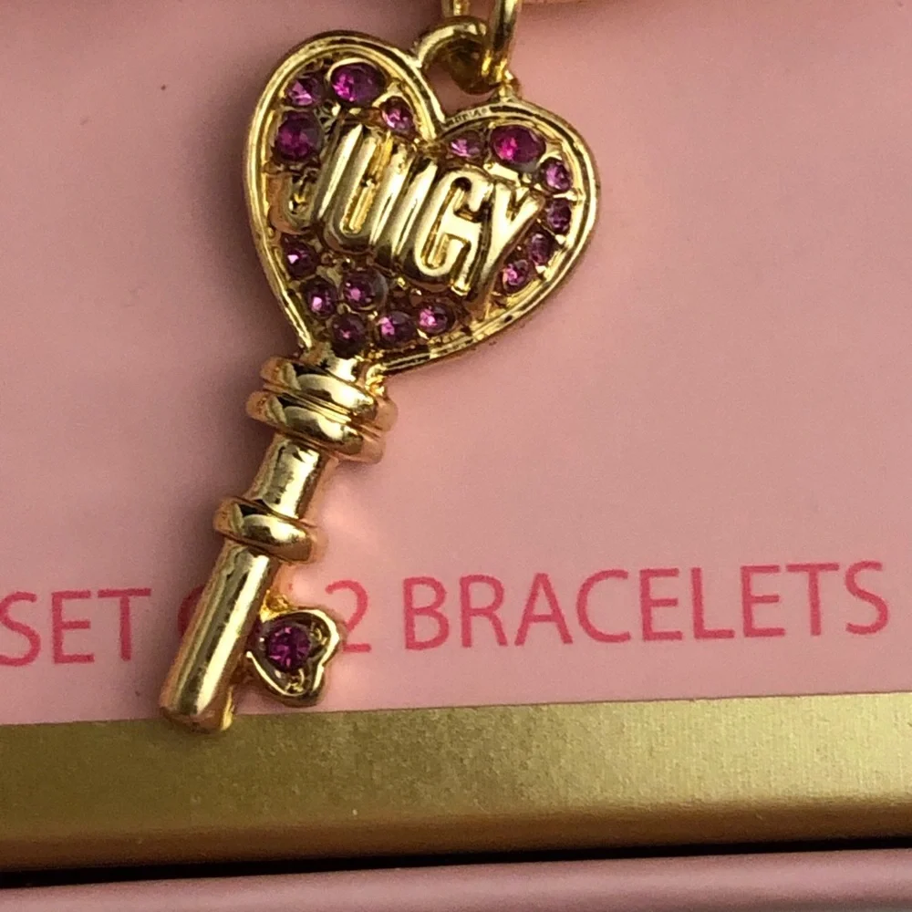 Juicy Couture Gold Tone Charm Bracelet Set Quilted Heart, Key & Lock Charms NIB